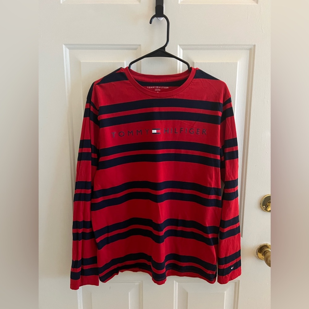 Tommy Hilfiger Stripe Long Sleeve Logo T-shirt Red Blue Men’s Medium Pull Over